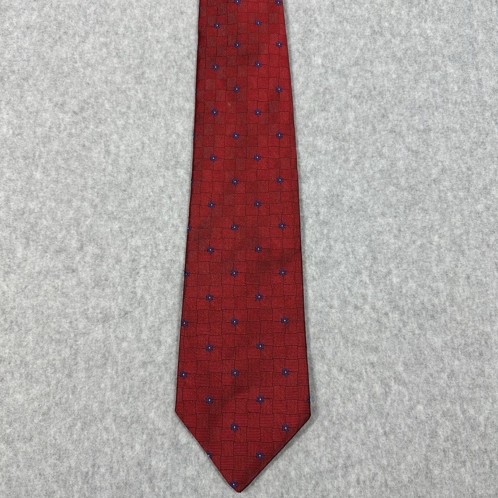Brooks Brothers 100% Silk Tie Red Basket Weave Blue Flower Made In USA 3.5"x59"